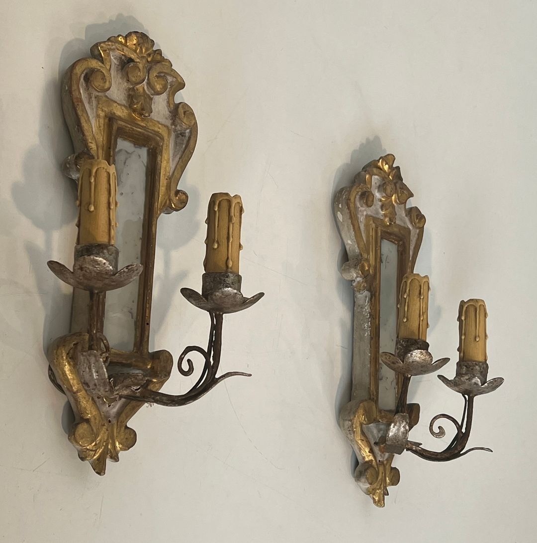 Pair Of Art Déco Carved Wood Wall Lights With Mirror, Italian Work, Circa 1935-photo-2