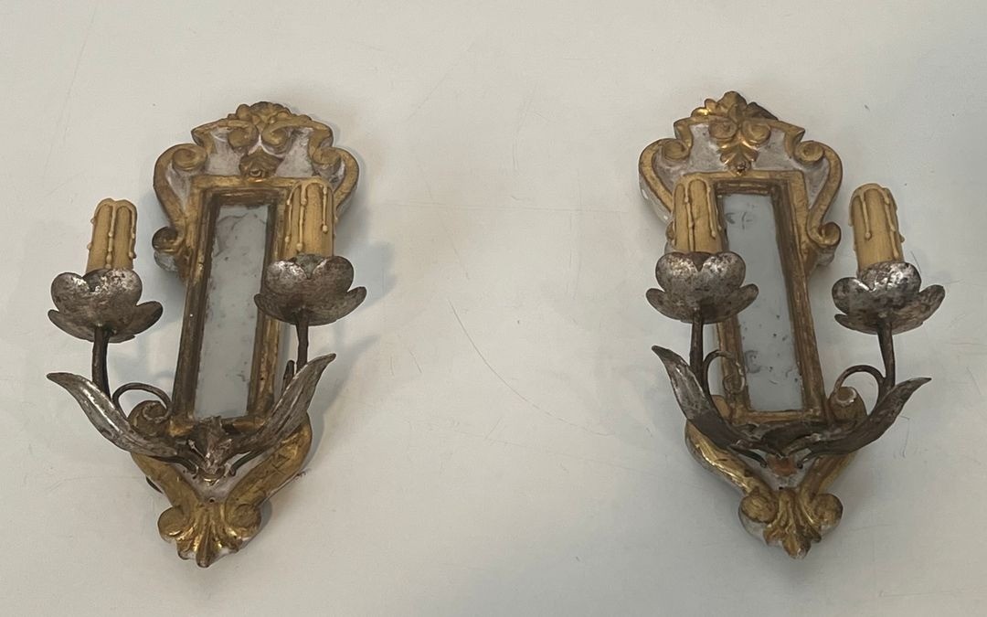 Pair Of Art Déco Carved Wood Wall Lights With Mirror, Italian Work, Circa 1935-photo-3