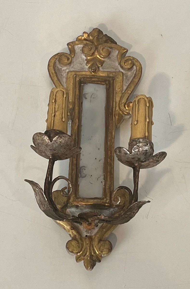 Pair Of Art Déco Carved Wood Wall Lights With Mirror, Italian Work, Circa 1935-photo-4