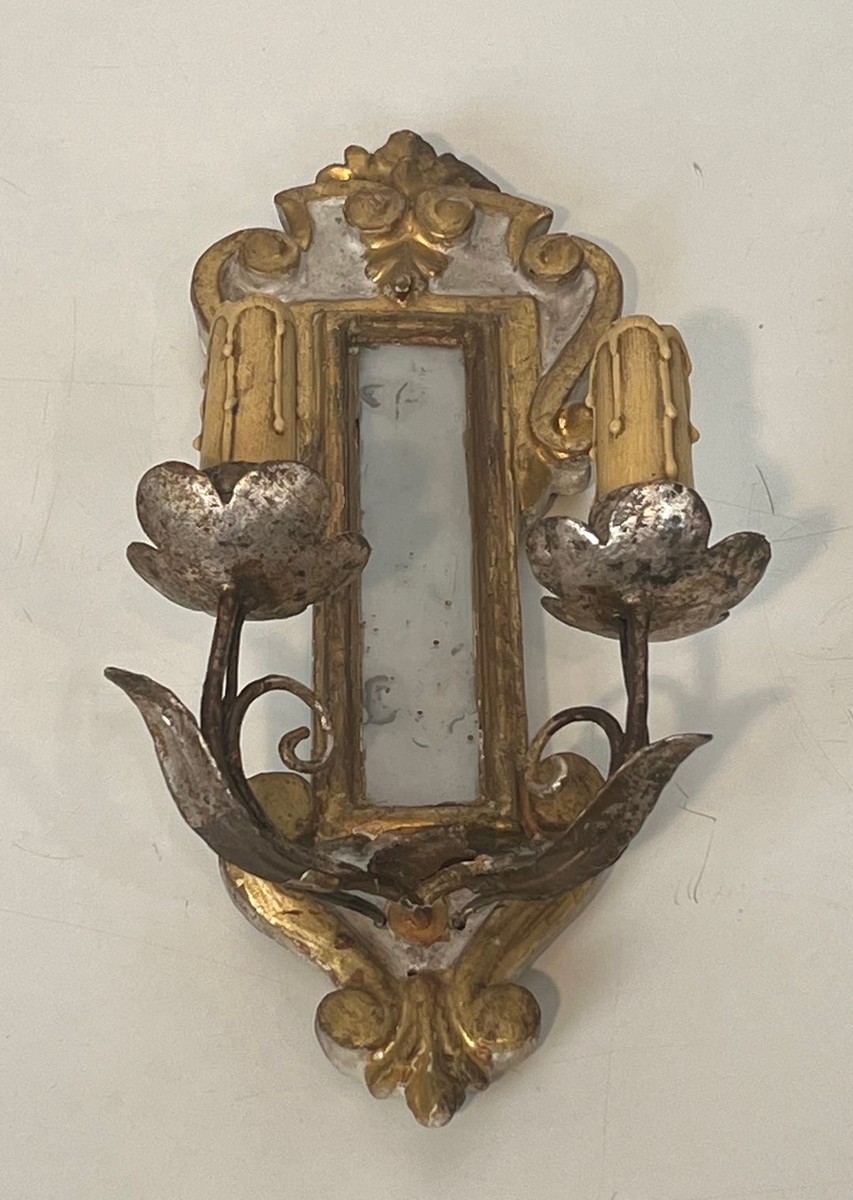 Pair Of Art Déco Carved Wood Wall Lights With Mirror, Italian Work, Circa 1935-photo-1