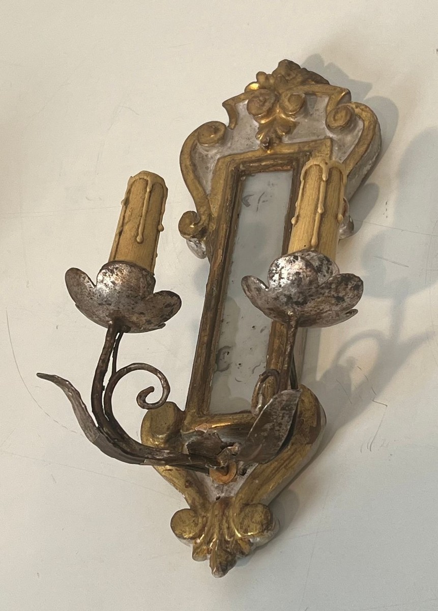 Pair Of Art Déco Carved Wood Wall Lights With Mirror, Italian Work, Circa 1935-photo-2