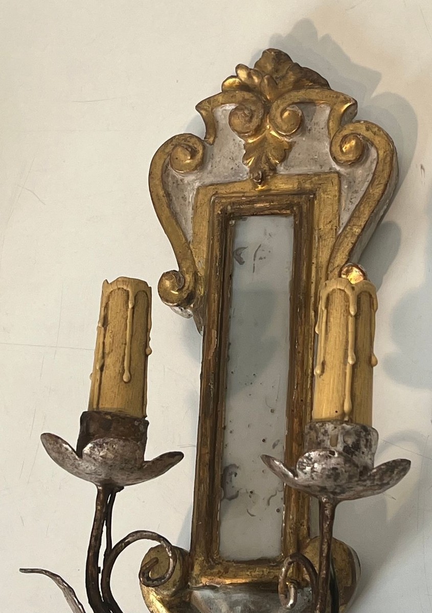 Pair Of Art Déco Carved Wood Wall Lights With Mirror, Italian Work, Circa 1935-photo-3