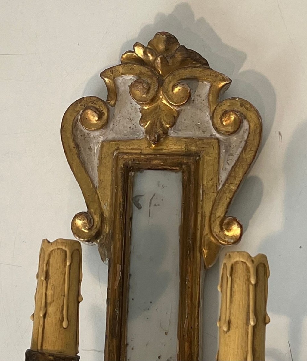 Pair Of Art Déco Carved Wood Wall Lights With Mirror, Italian Work, Circa 1935-photo-4