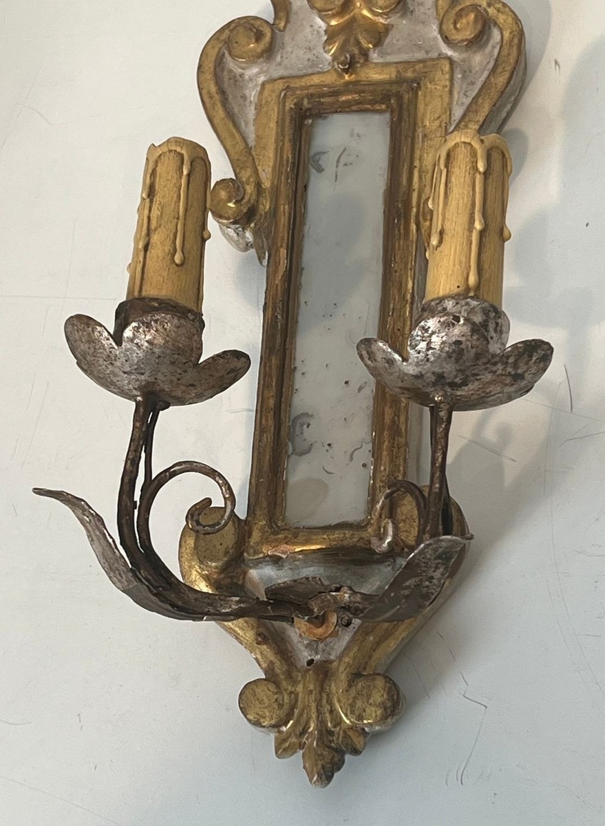 Pair Of Art Déco Carved Wood Wall Lights With Mirror, Italian Work, Circa 1935-photo-6