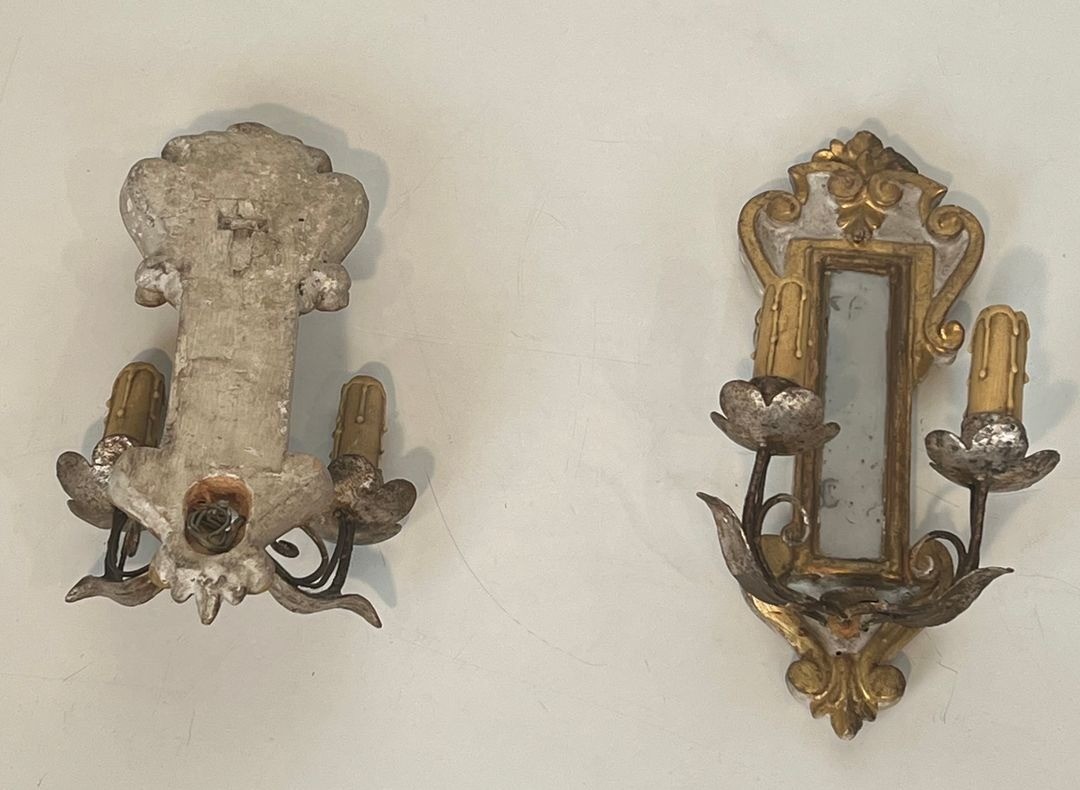 Pair Of Art Déco Carved Wood Wall Lights With Mirror, Italian Work, Circa 1935-photo-7