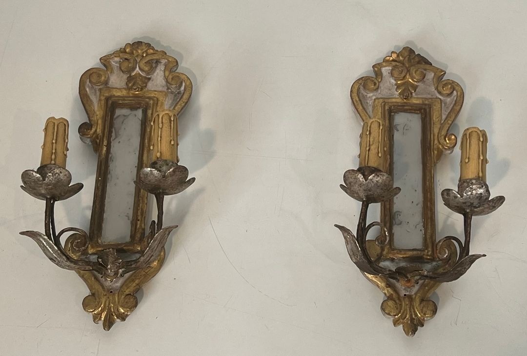 Pair Of Art Déco Carved Wood Wall Lights With Mirror, Italian Work, Circa 1935-photo-8