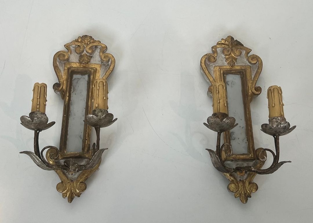 Pair Of Art Déco Carved Wood Wall Lights With Mirror, Italian Work, Circa 1935
