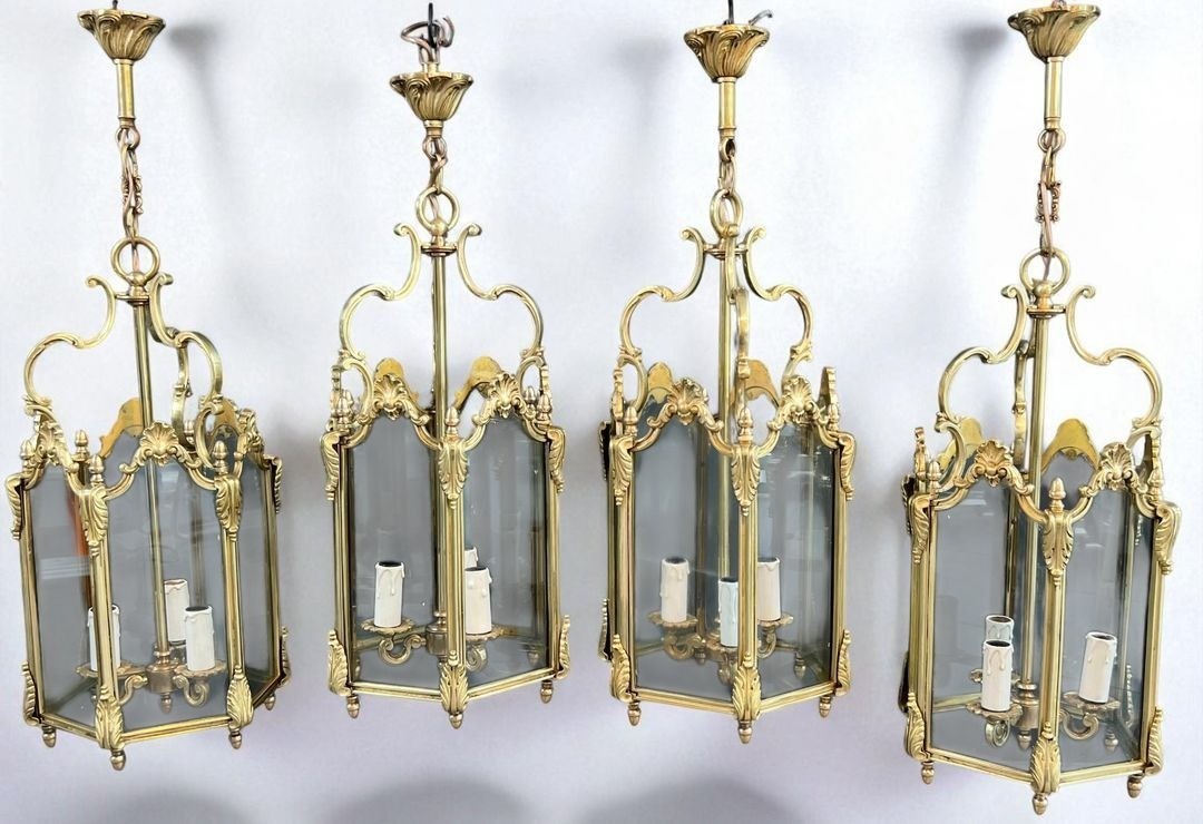 Set Of Four Hexagonal Bronze And Glass Lanterns, Louis XV Style, French, Circa 1950-photo-2