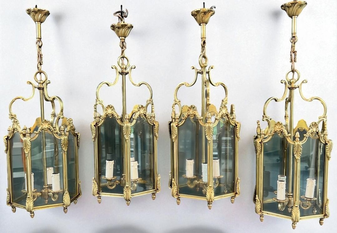 Set Of Four Hexagonal Bronze And Glass Lanterns, Louis XV Style, French, Circa 1950-photo-3