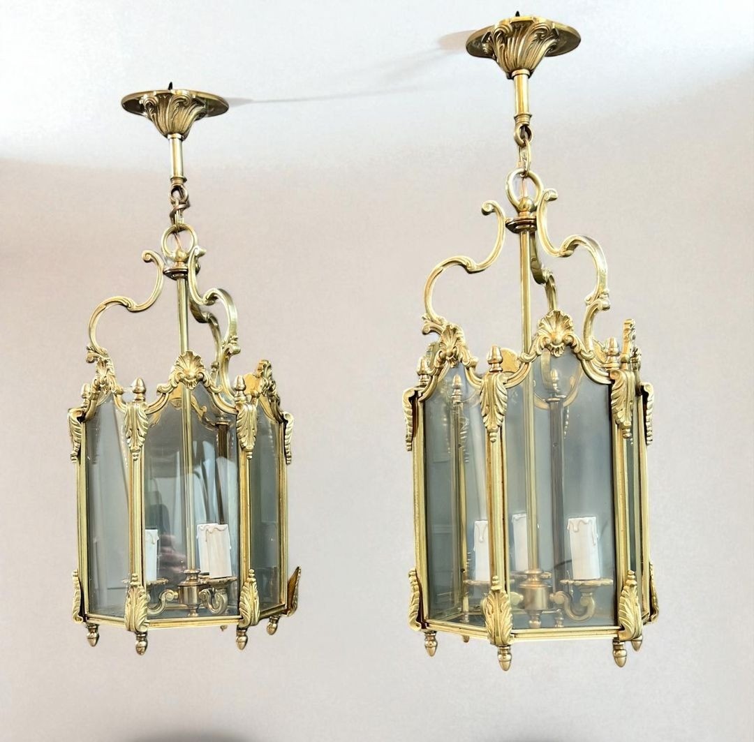 Set Of Four Hexagonal Bronze And Glass Lanterns, Louis XV Style, French, Circa 1950-photo-1