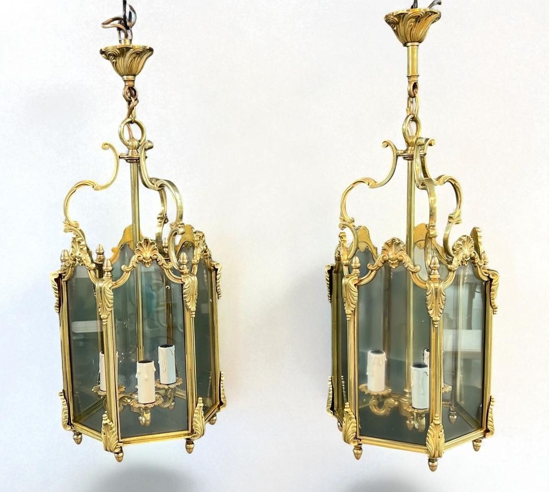 Set Of Four Hexagonal Bronze And Glass Lanterns, Louis XV Style, French, Circa 1950-photo-2