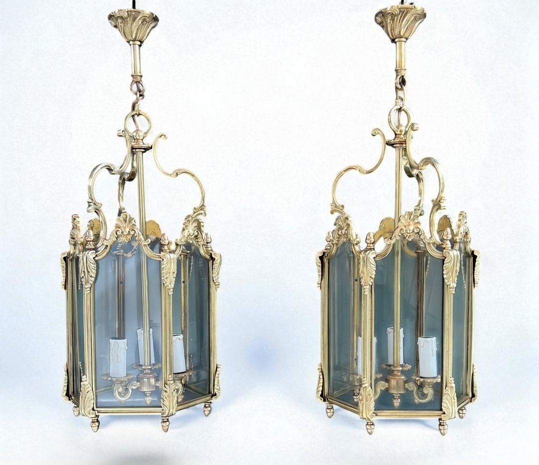 Set Of Four Hexagonal Bronze And Glass Lanterns, Louis XV Style, French, Circa 1950-photo-3