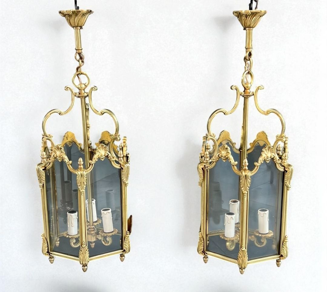Set Of Four Hexagonal Bronze And Glass Lanterns, Louis XV Style, French, Circa 1950-photo-4