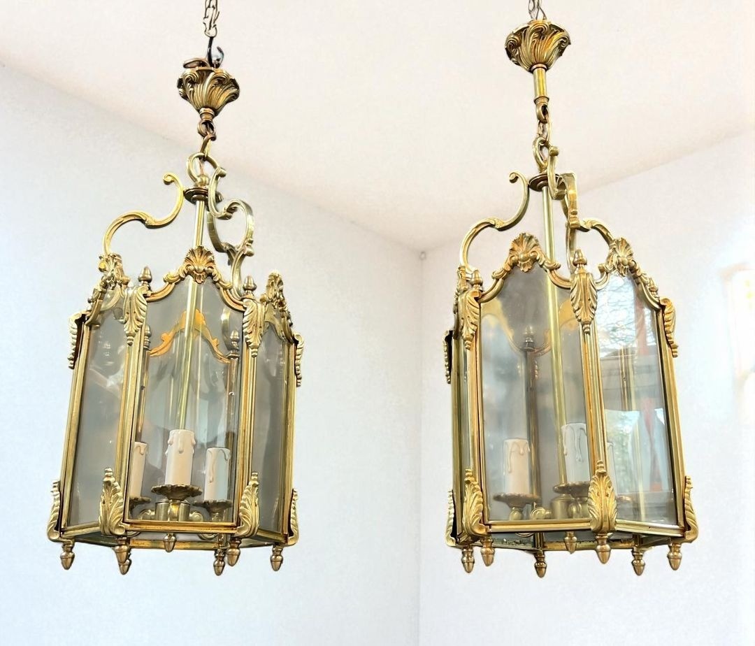 Set Of Four Hexagonal Bronze And Glass Lanterns, Louis XV Style, French, Circa 1950-photo-5