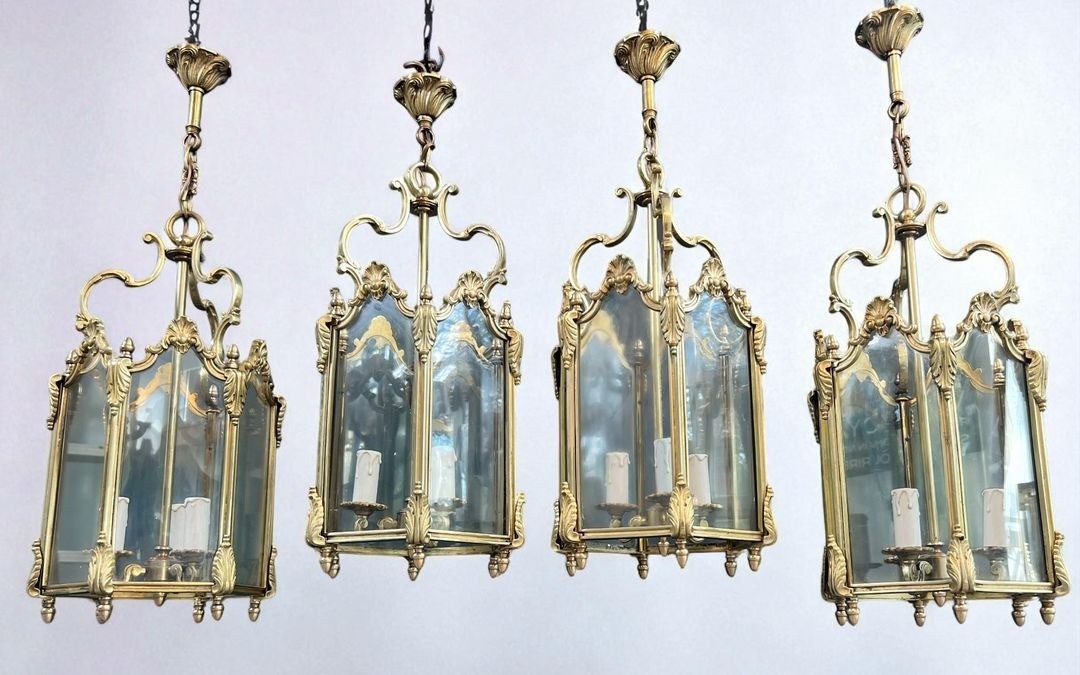 Set Of Four Hexagonal Bronze And Glass Lanterns, Louis XV Style, French, Circa 1950-photo-6