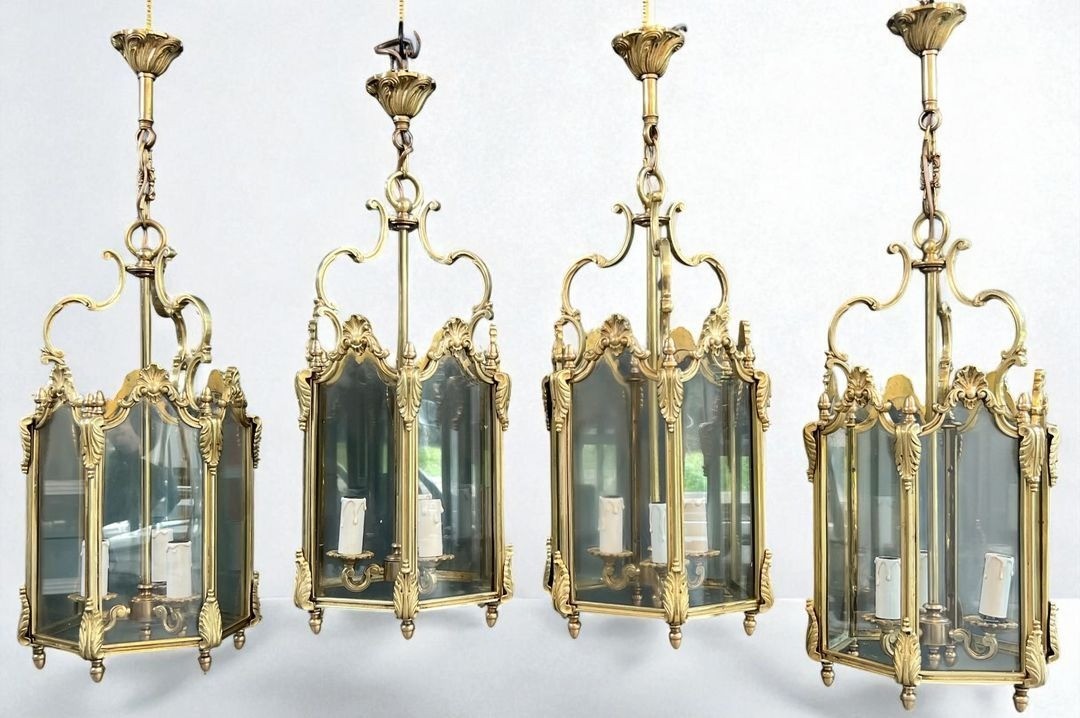 Set Of Four Hexagonal Bronze And Glass Lanterns, Louis XV Style, French, Circa 1950-photo-7