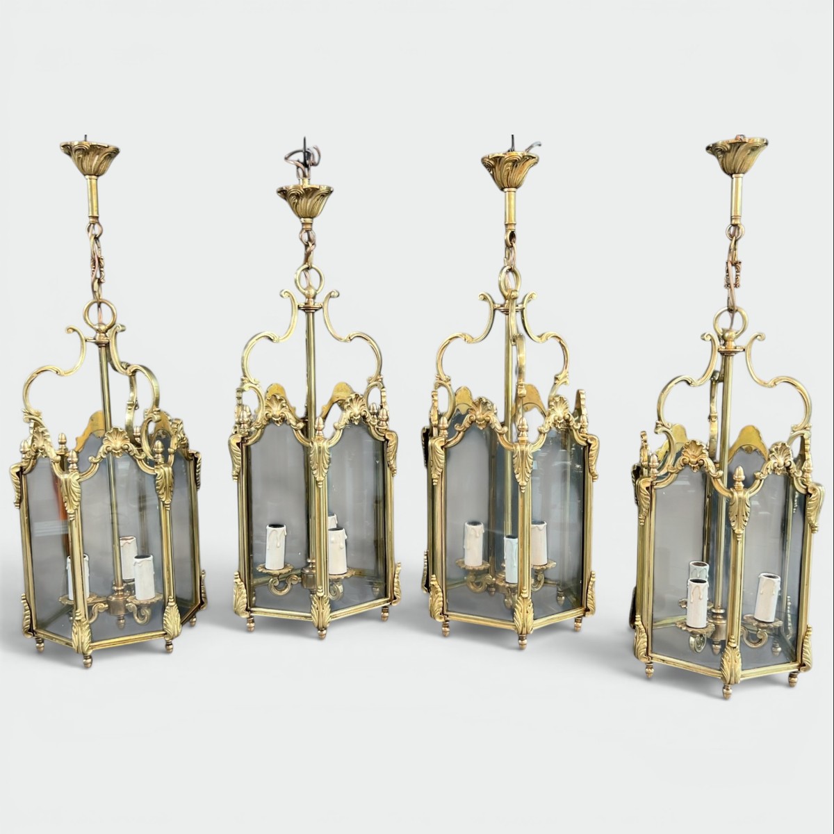 Set Of Four Hexagonal Bronze And Glass Lanterns, Louis XV Style, French, Circa 1950