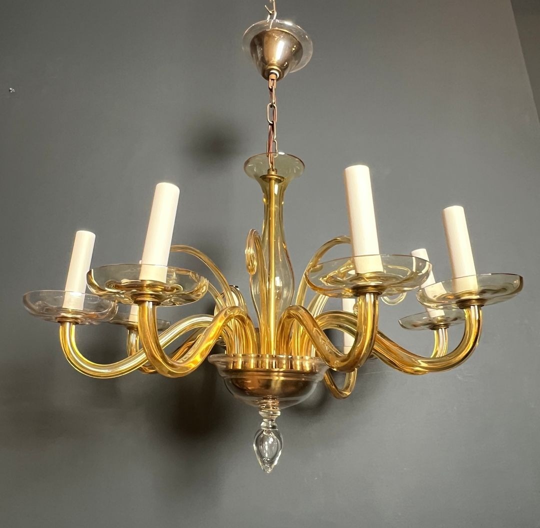 Eight-arm Amber Murano Glass Chandelier, Italian Work, Circa 1970-photo-2
