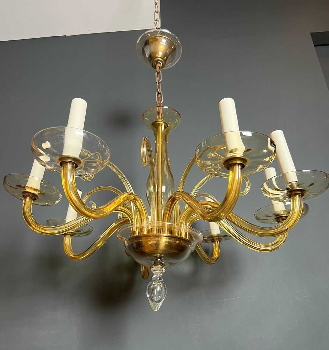 Eight-arm Amber Murano Glass Chandelier, Italian Work, Circa 1970-photo-3