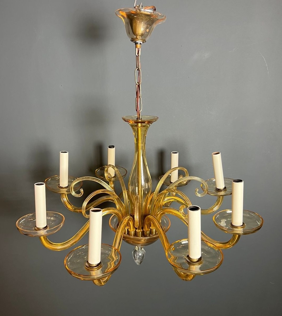 Eight-arm Amber Murano Glass Chandelier, Italian Work, Circa 1970-photo-3