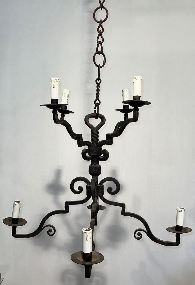 Eight-light Two-tier Gothic Style Wrought Iron Chandelier, French Work, Circa 1940-photo-3