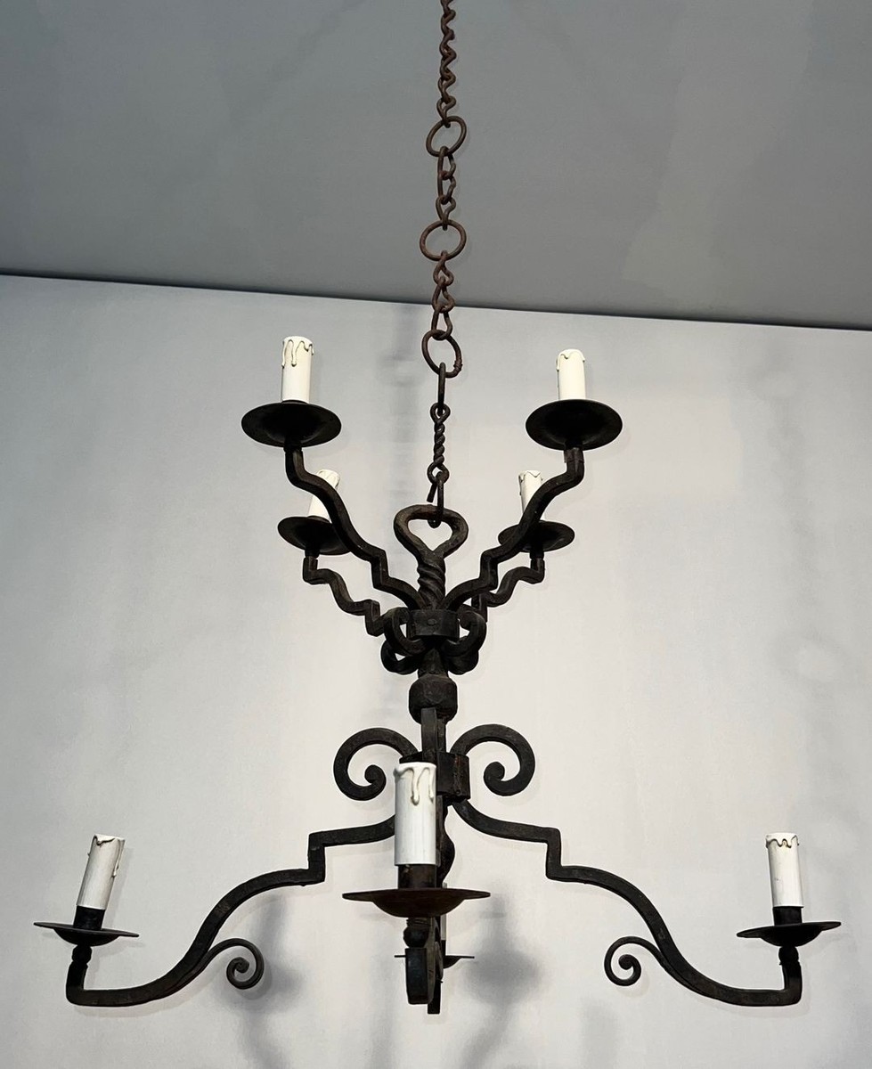 Eight-light Two-tier Gothic Style Wrought Iron Chandelier, French Work, Circa 1940-photo-4