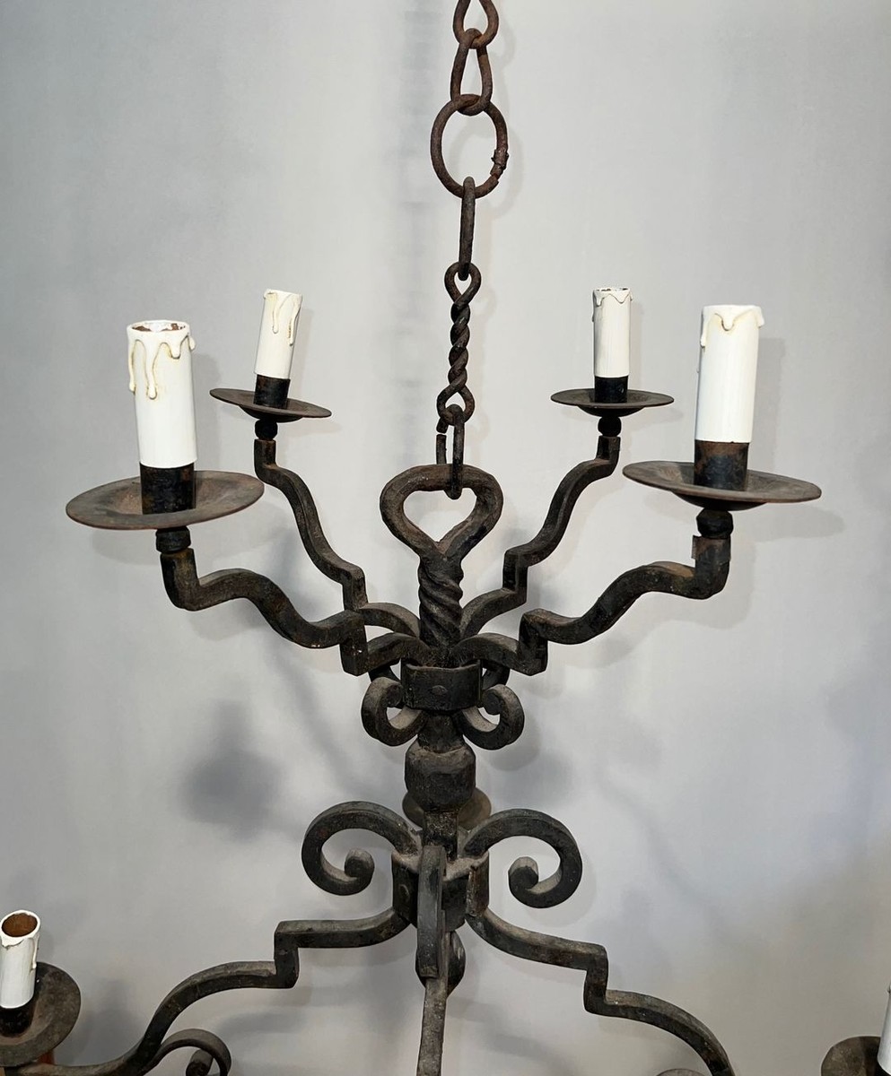 Eight-light Two-tier Gothic Style Wrought Iron Chandelier, French Work, Circa 1940-photo-1