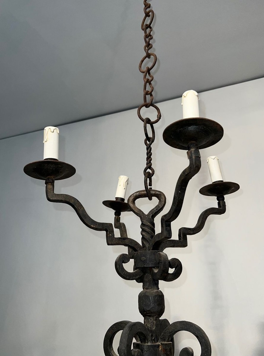 Eight-light Two-tier Gothic Style Wrought Iron Chandelier, French Work, Circa 1940-photo-2