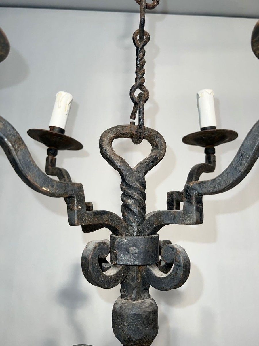 Eight-light Two-tier Gothic Style Wrought Iron Chandelier, French Work, Circa 1940-photo-3