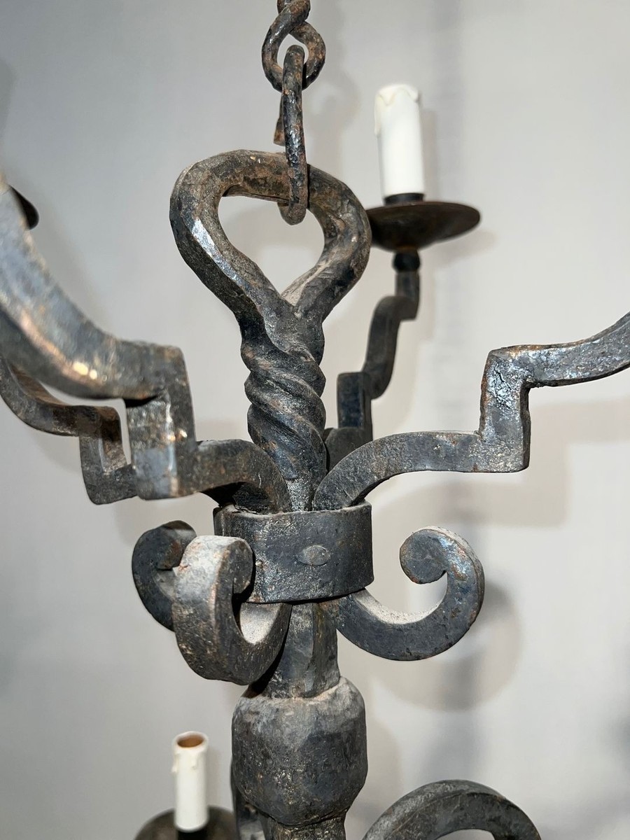 Eight-light Two-tier Gothic Style Wrought Iron Chandelier, French Work, Circa 1940-photo-4