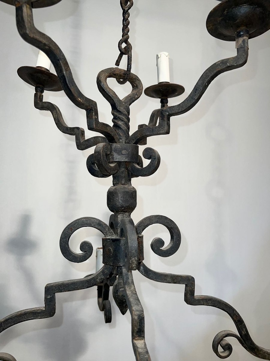 Eight-light Two-tier Gothic Style Wrought Iron Chandelier, French Work, Circa 1940-photo-5