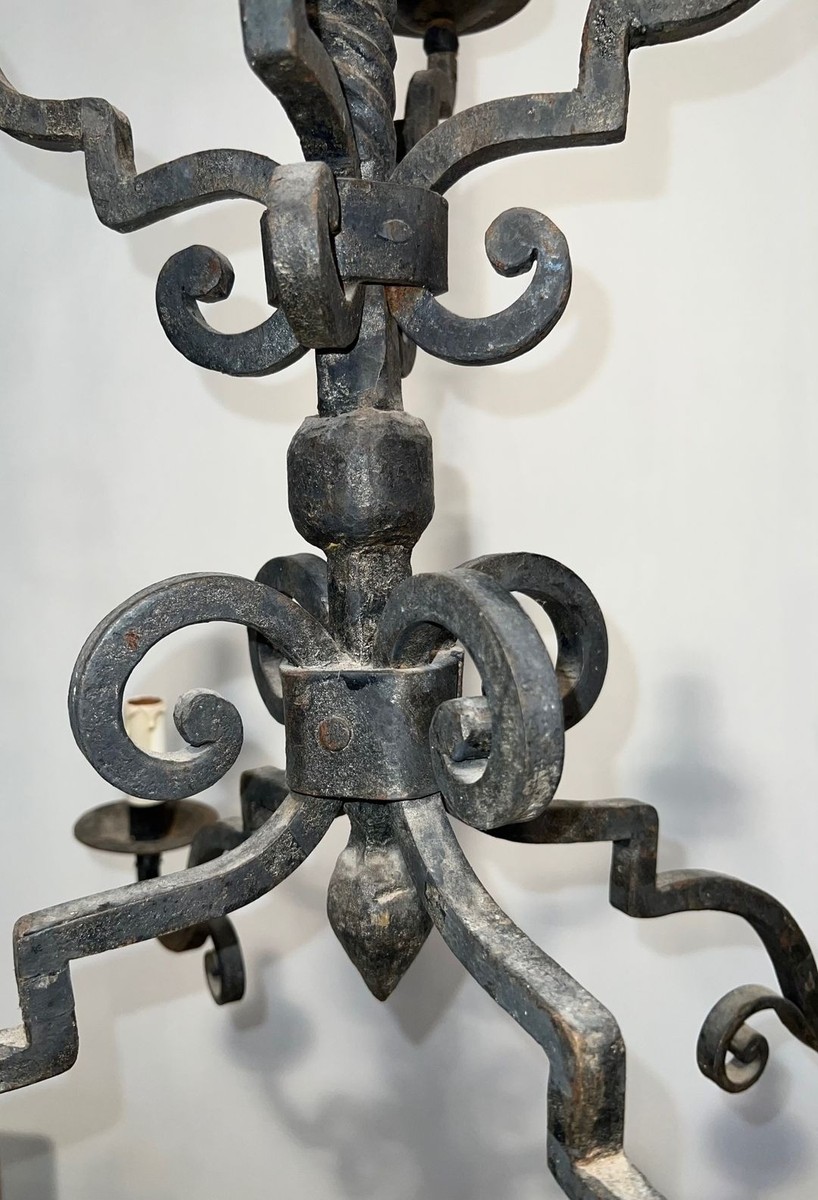 Eight-light Two-tier Gothic Style Wrought Iron Chandelier, French Work, Circa 1940-photo-6