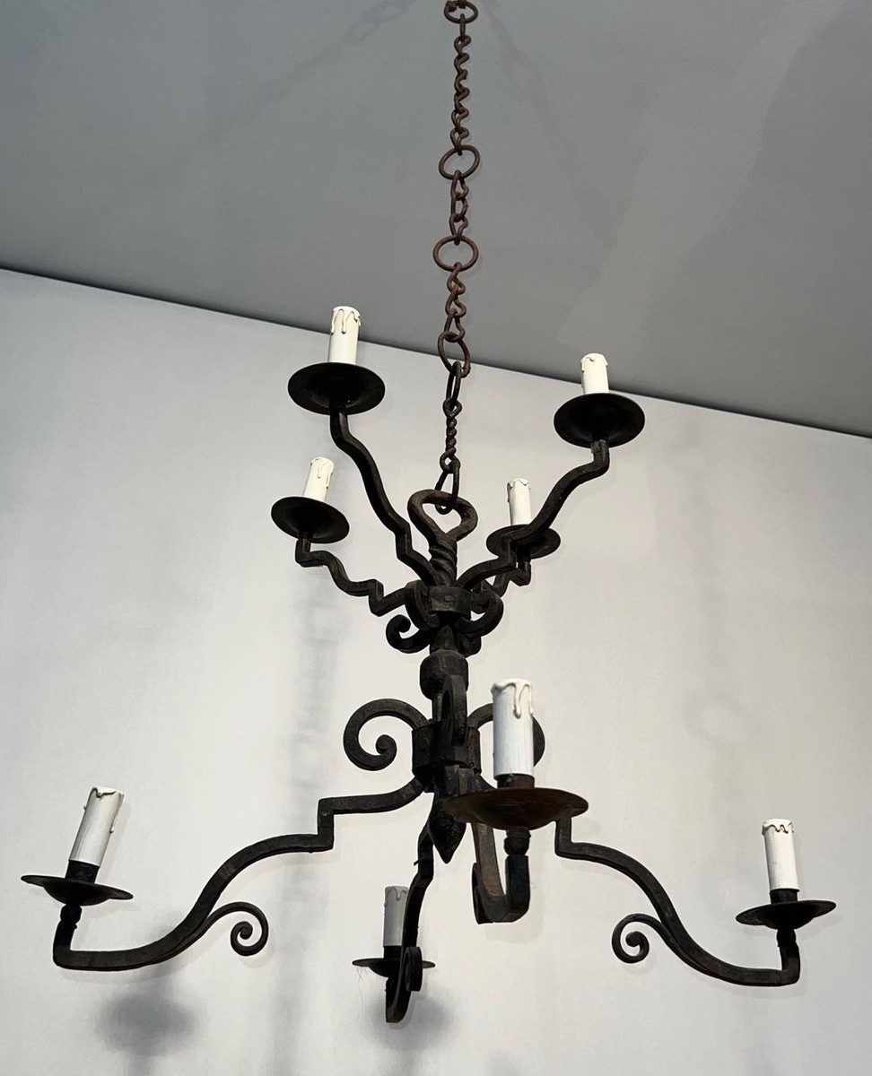 Eight-light Two-tier Gothic Style Wrought Iron Chandelier, French Work, Circa 1940