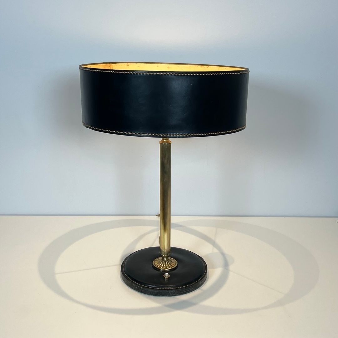 Black Leather And Brass Desk Lamp In The Style Of Jacques Adnet-photo-2