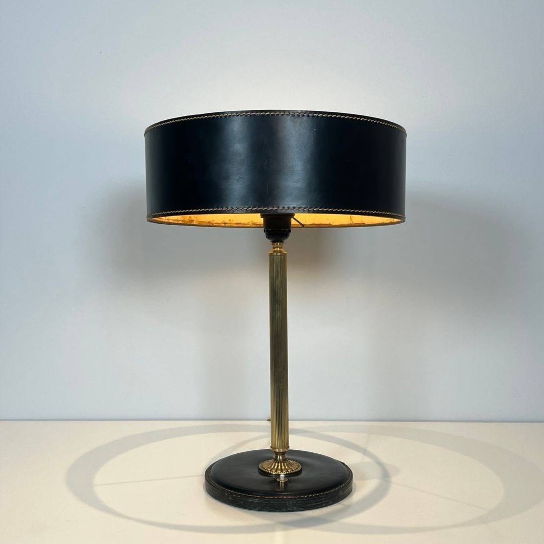 Black Leather And Brass Desk Lamp In The Style Of Jacques Adnet-photo-4