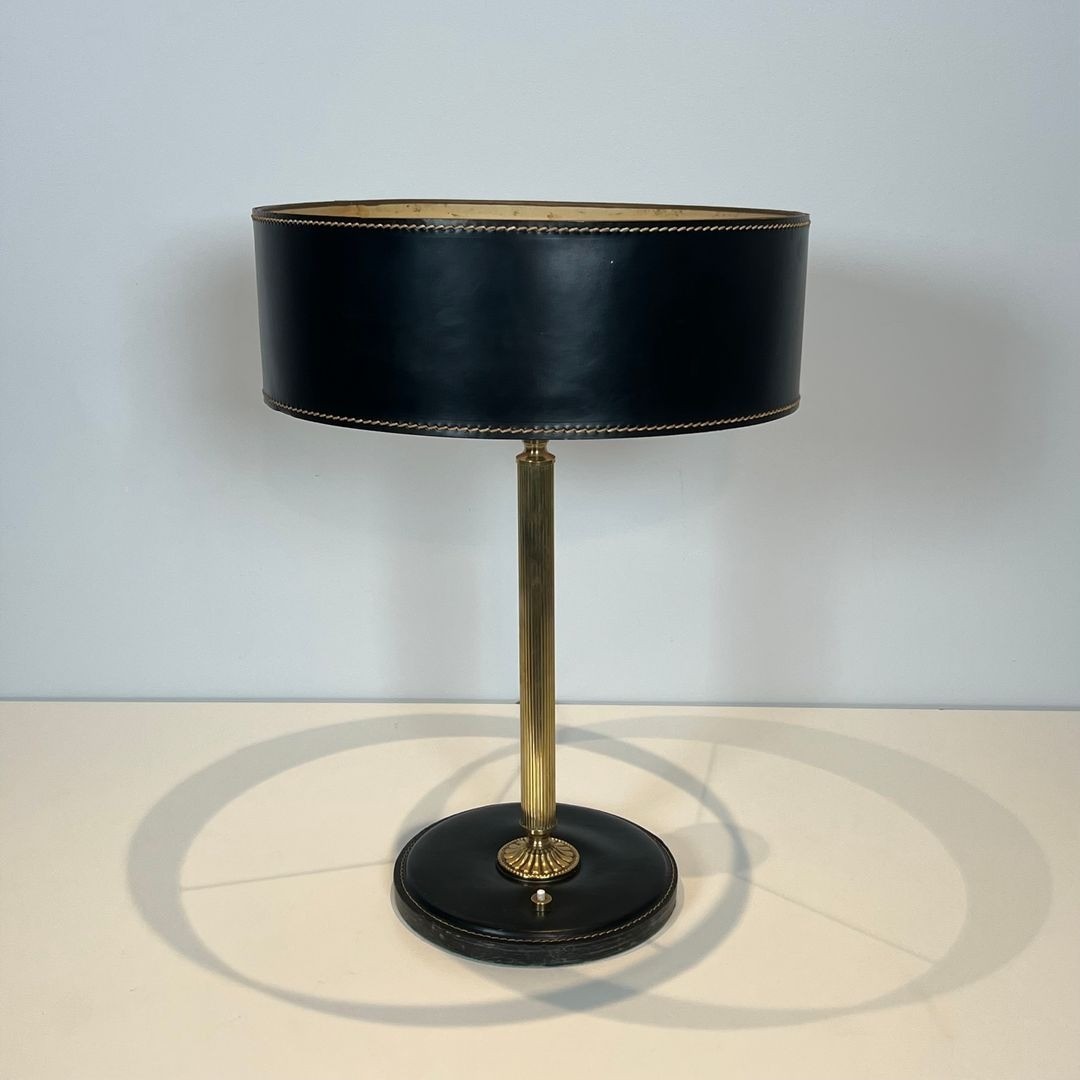 Black Leather And Brass Desk Lamp In The Style Of Jacques Adnet-photo-1
