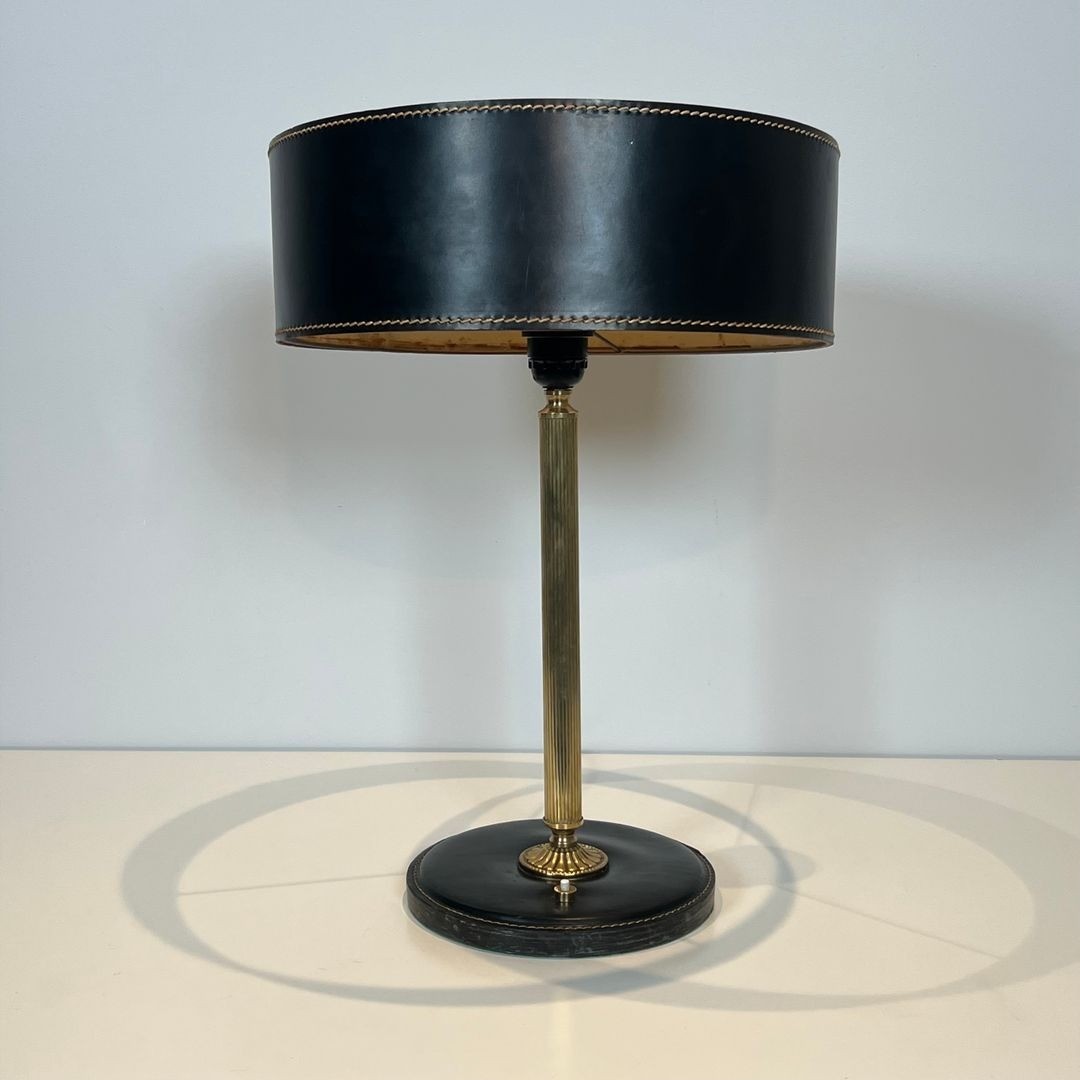 Black Leather And Brass Desk Lamp In The Style Of Jacques Adnet-photo-2