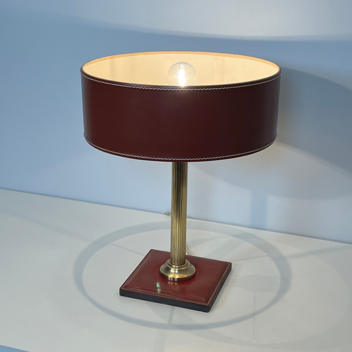 Desk Lamp In Red Leather And Brass In The Style Of Jacques Adnet, Circa 1970-photo-3
