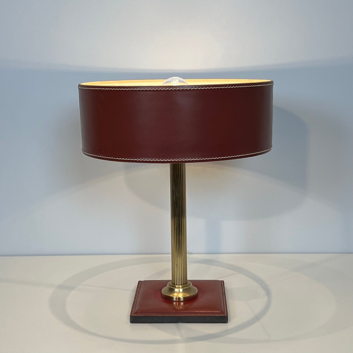 Desk Lamp In Red Leather And Brass In The Style Of Jacques Adnet, Circa 1970-photo-4