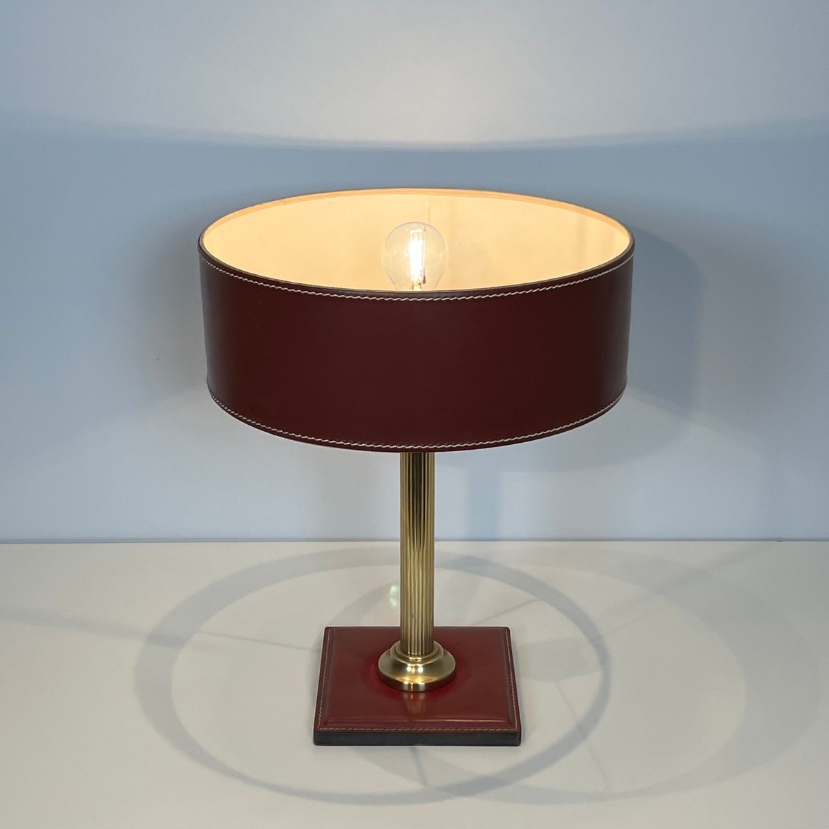 Desk Lamp In Red Leather And Brass In The Style Of Jacques Adnet, Circa 1970-photo-1