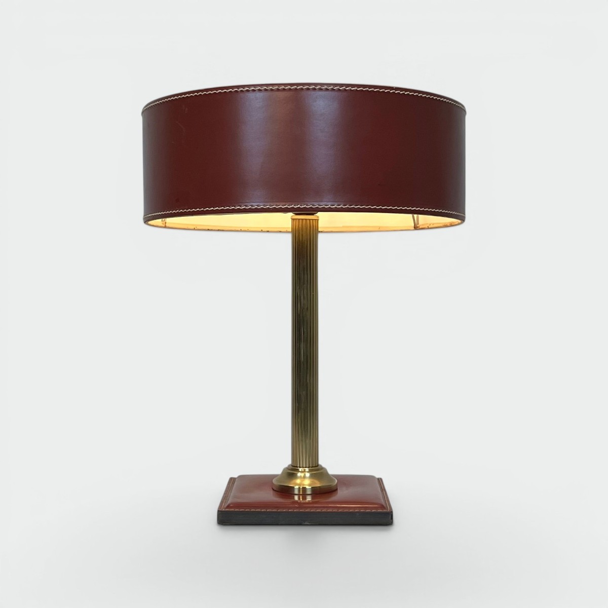 Desk Lamp In Red Leather And Brass In The Style Of Jacques Adnet, Circa 1970