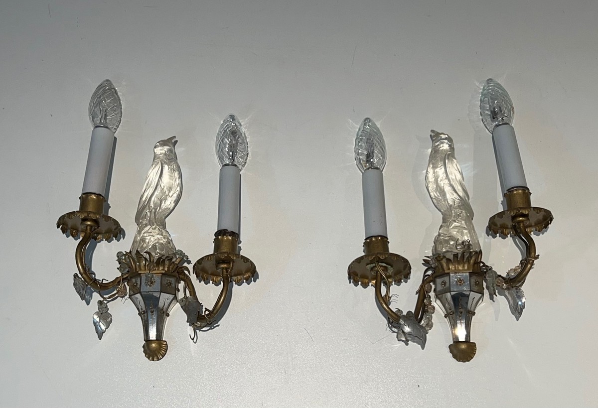 Pair Of Moulded Glass And Crystal Parrot Sconces With Two Light Arms. French Work Maison Baguès-photo-2