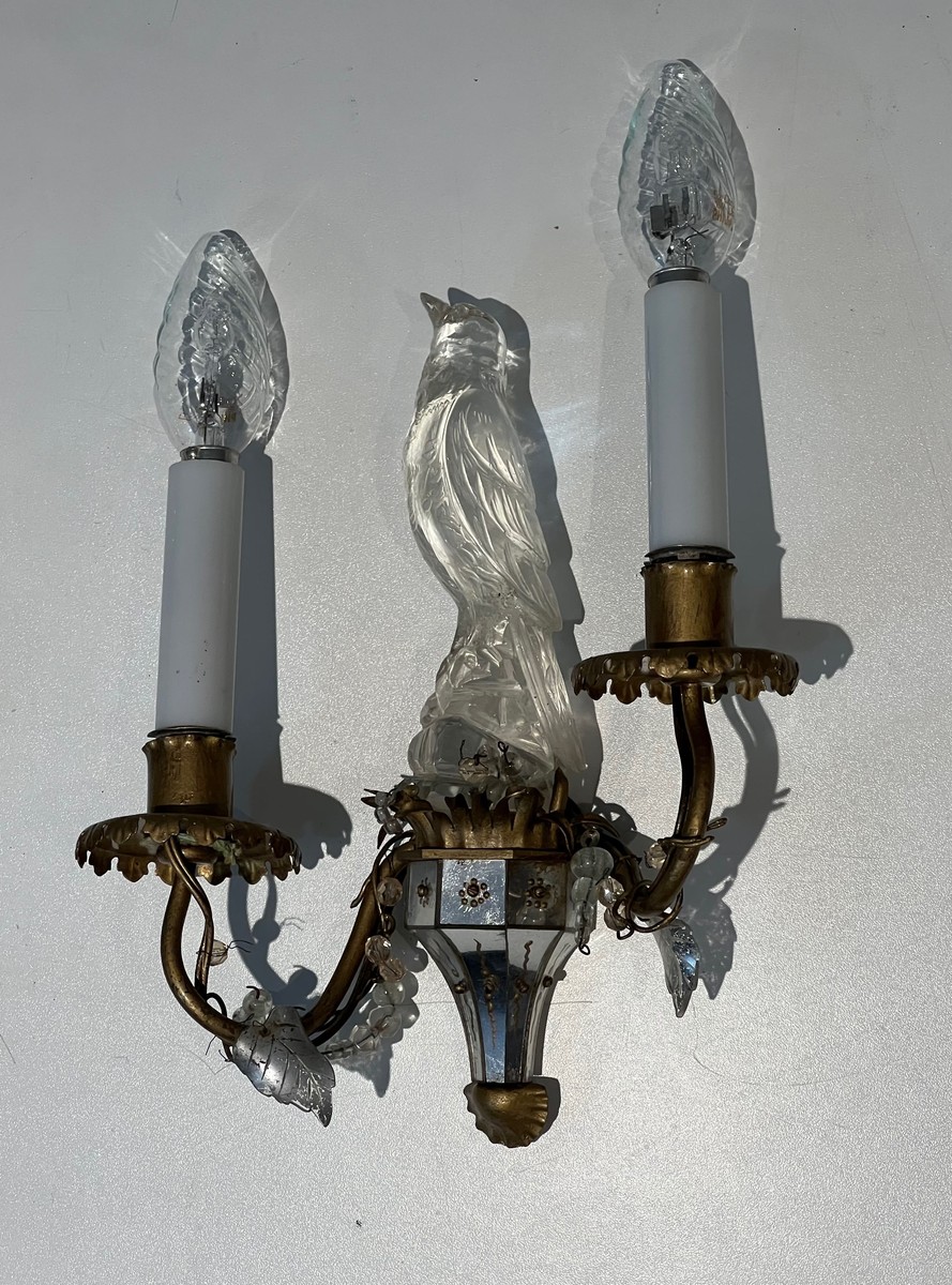 Pair Of Moulded Glass And Crystal Parrot Sconces With Two Light Arms. French Work Maison Baguès-photo-4