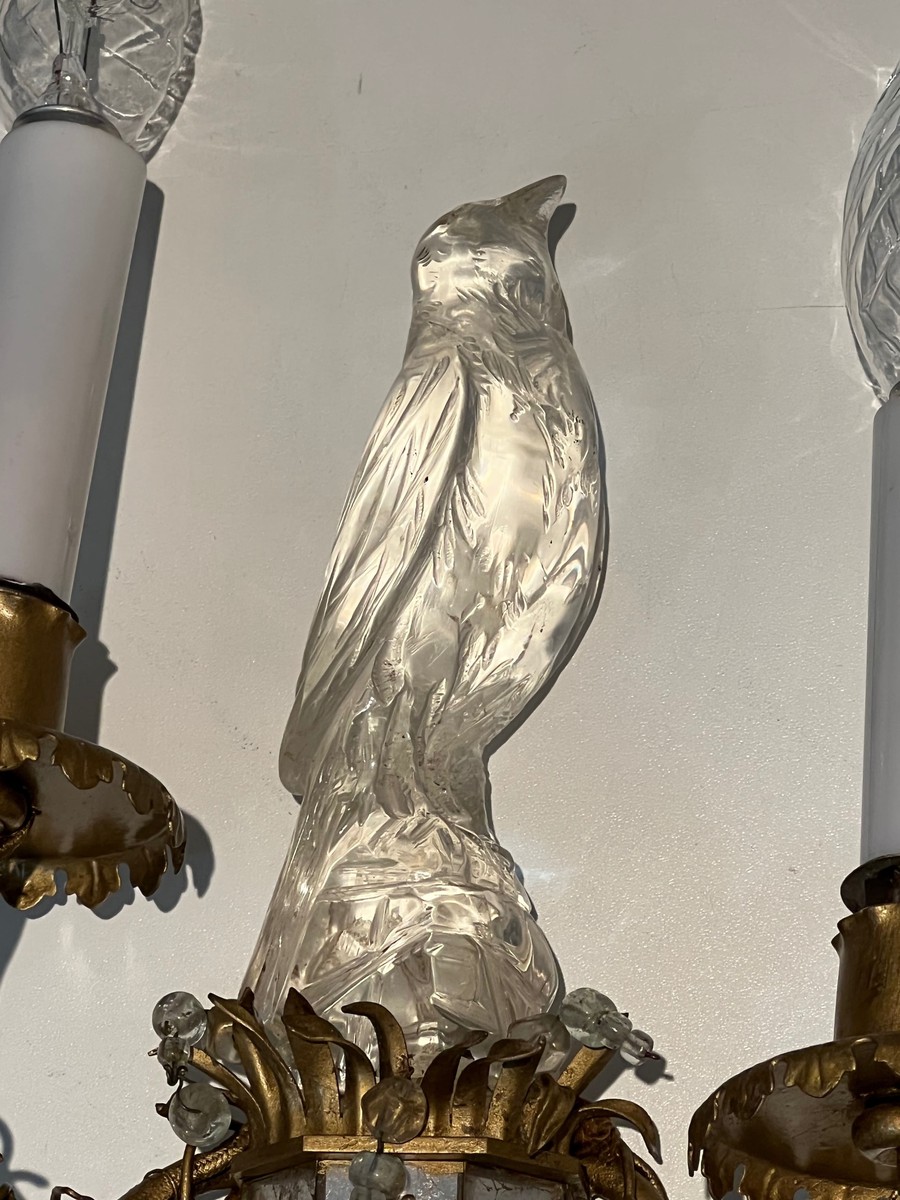 Pair Of Moulded Glass And Crystal Parrot Sconces With Two Light Arms. French Work Maison Baguès-photo-1