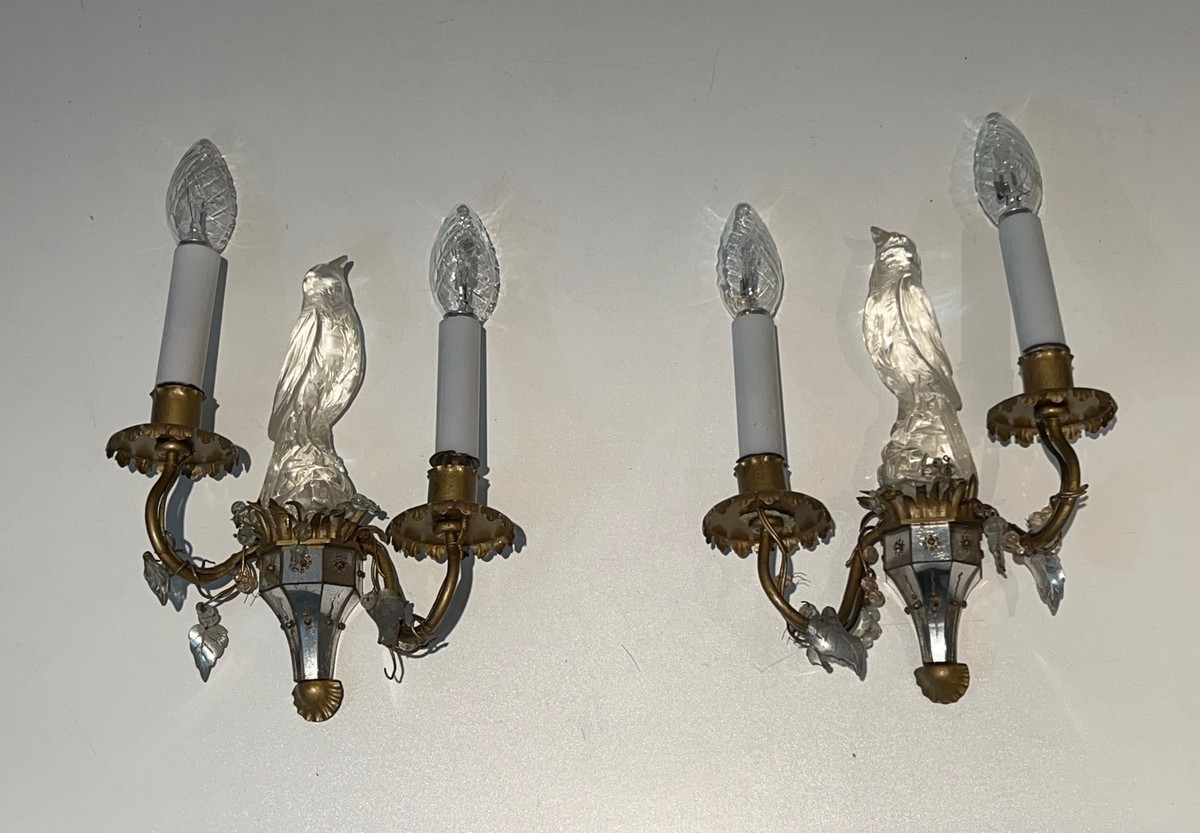 Pair Of Moulded Glass And Crystal Parrot Sconces With Two Light Arms. French Work Maison Baguès-photo-8
