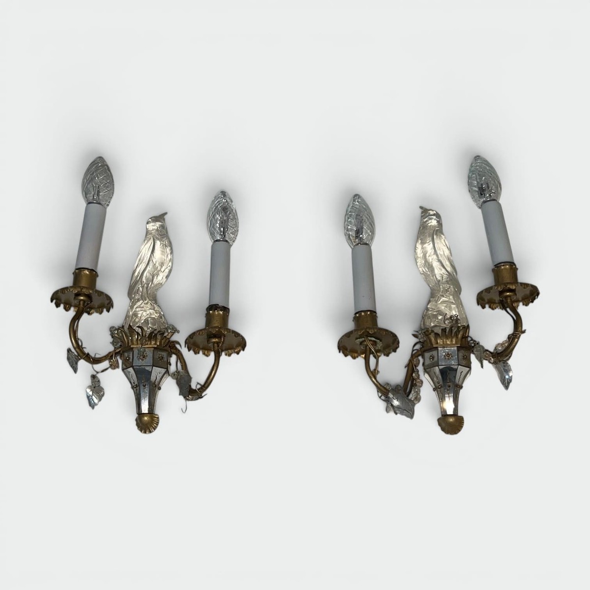Pair Of Moulded Glass And Crystal Parrot Sconces With Two Light Arms. French Work Maison Baguès