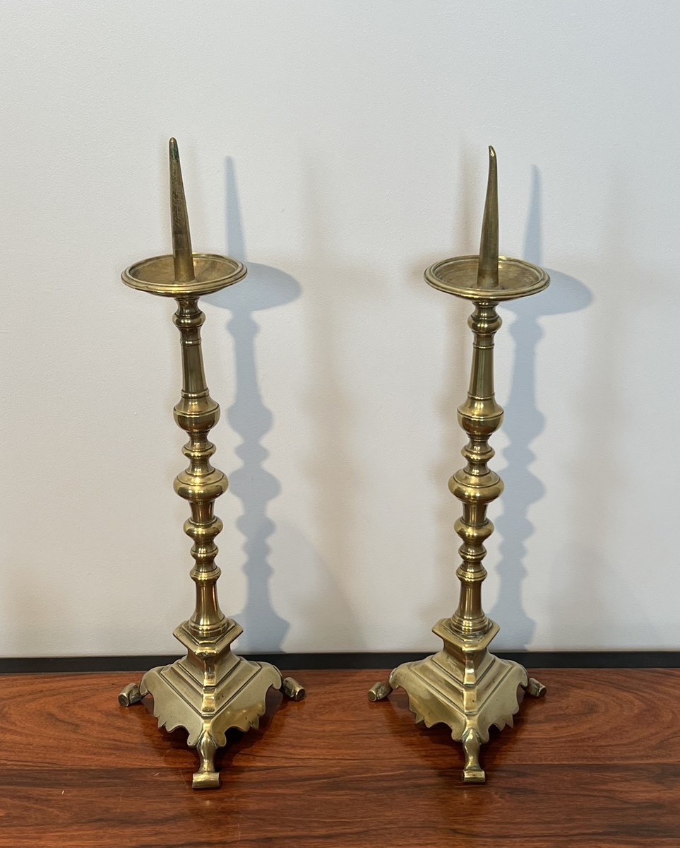 Pair Of Large Brass Altar Pricket Candlesticks With A Baluster Shaft And A Tripod Base. French -photo-2