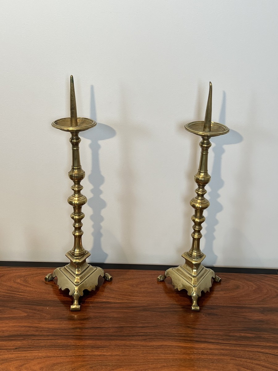 Pair Of Large Brass Altar Pricket Candlesticks With A Baluster Shaft And A Tripod Base. French -photo-3