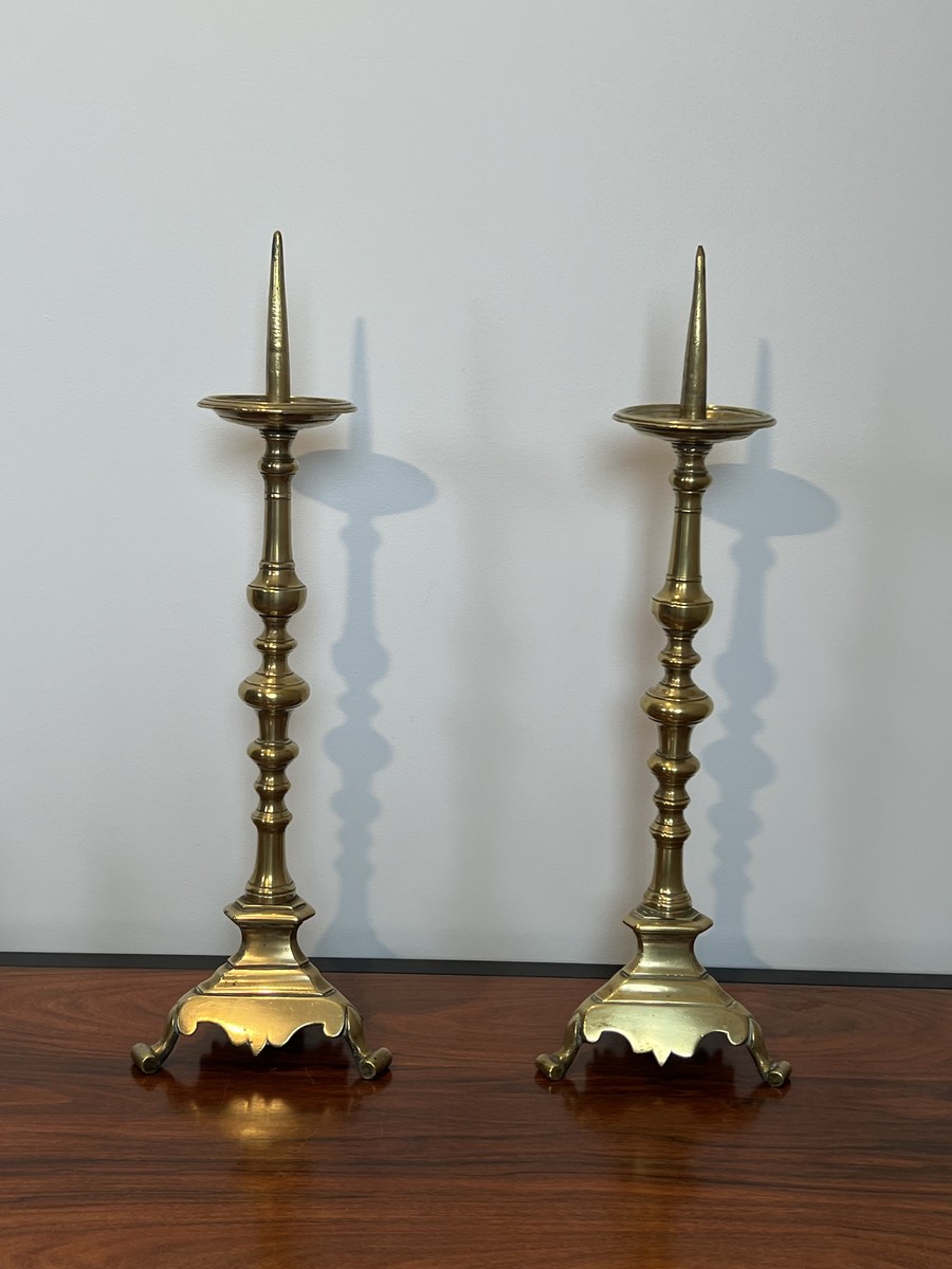 Pair Of Large Brass Altar Pricket Candlesticks With A Baluster Shaft And A Tripod Base. French -photo-4