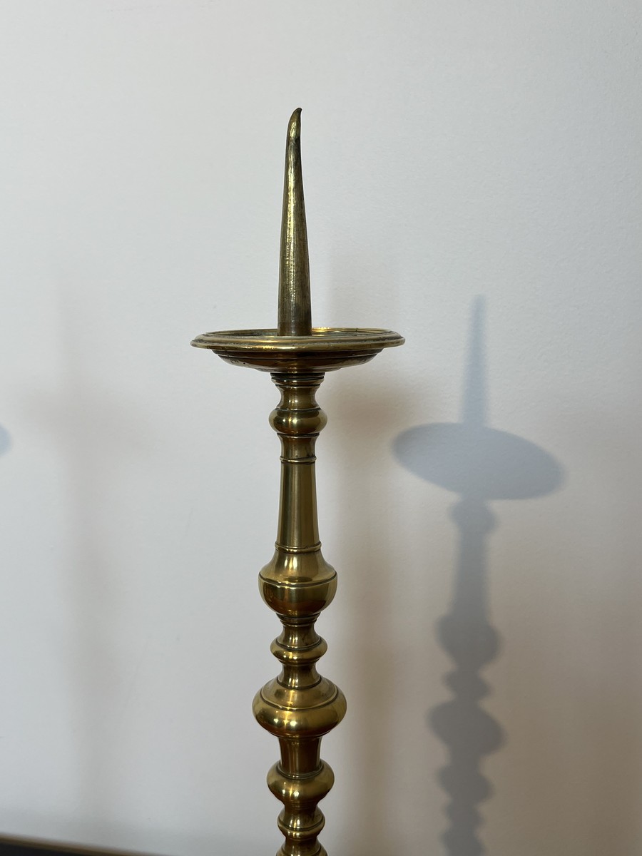Pair Of Large Brass Altar Pricket Candlesticks With A Baluster Shaft And A Tripod Base. French -photo-1